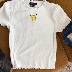 Bershka White Ribbed Pikachu Tee - Yellow Graphic